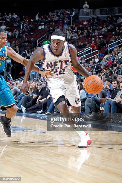 Anthony Morrow of the New Jersey Nets moves the ball against the New Orleans Hornets on February 9, 2011 at the Prudential Center in Newark, New...