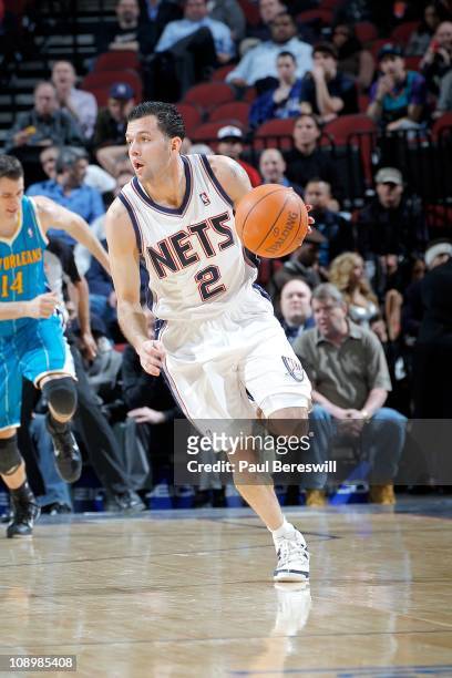 Jordan Farmar of the New Jersey Nets moves the ball against the New Orleans Hornets on February 9, 2011 at the Prudential Center in Newark, New...