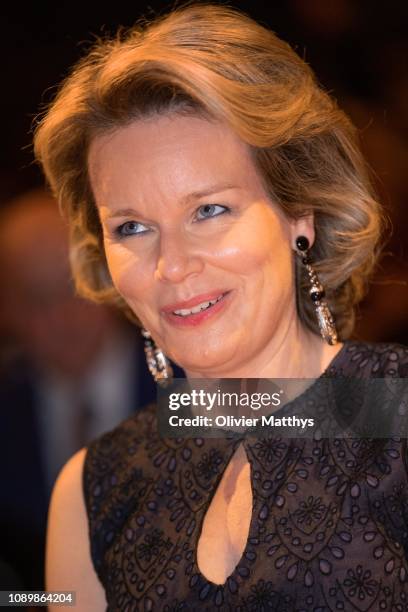 Queen Mathilde of Belgium attends a musical evening concert to honor the farewell of Queen Elisabeth Contest chairman of the jury Baron Arie Van...