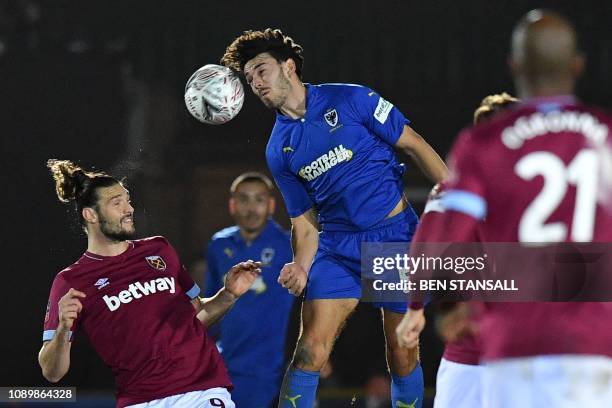 Wimbledon's English defender Will Nightingale wins a header against West Ham United's English striker Andy Carroll during the English FA Cup fourth...