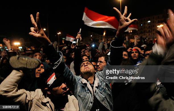 Anti-government protesters react after a speech by Egyptian President Hosni Mubarak in Tahrir Square February 10, 2011 in Cairo, Egypt. President...
