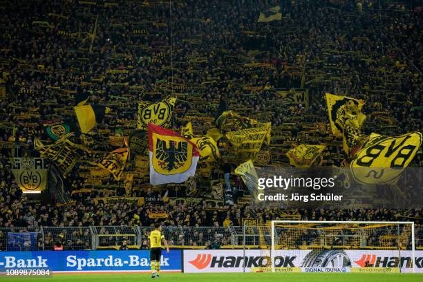 The famous Yellow Wall / South Stand of Dortmund is seen during the Bundesliga match between Borussia Dortmund and Hannover 96 at the Signal Iduna...