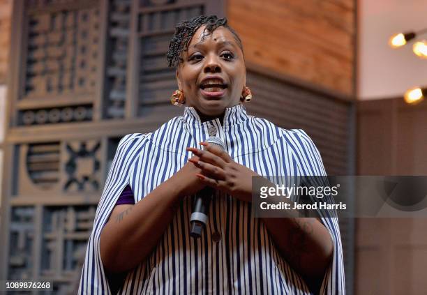 Artist Patrisse Cullors speaks during the "Can Art Save Democracy?" Panel during the 2019 Sundance Film Festival at Filmmaker Lodge on January 26,...