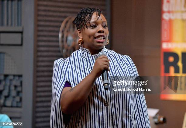 Artist Patrisse Cullors speaks during the "Can Art Save Democracy?" Panel during the 2019 Sundance Film Festival at Filmmaker Lodge on January 26,...