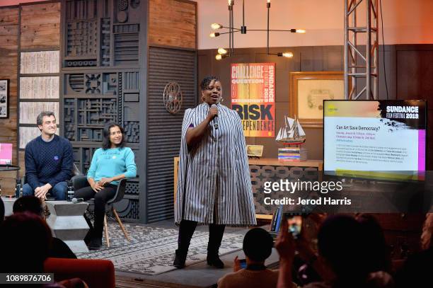 Artist Eric Gottesman, author Tanya Selvaratnam, and artist Patrisse Cullors speak during the "Can Art Save Democracy?" Panel during the 2019...