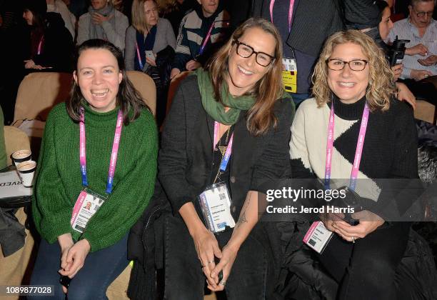 Elizabeth Mendez Berry, Catherine Gund, and Sharon Alpert attend the "Can Art Save Democracy?" Panel during the 2019 Sundance Film Festival at...