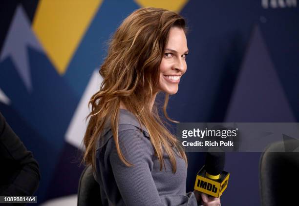 Hilary Swank of 'I Am Mother' does a Jim Carrey impression on set at The IMDb Studio at Acura Festival Village on location at The 2019 Sundance Film...