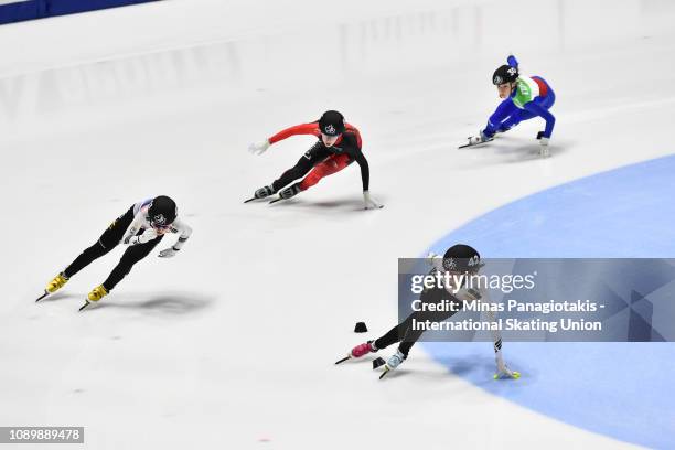 Team Korea takes the lead in the women's 3000 metre relay semifinal during the ISU World Junior Short Track Championships at Maurice Richard Arena on...