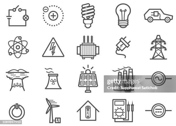 ilustrações, clipart, desenhos animados e ícones de poder e conjunto de ícones de linha de eletricidade - electron