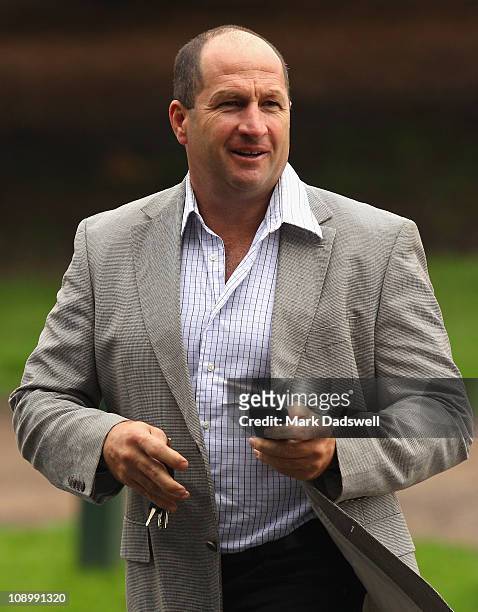 Of Elite Sports Properties and former Collingwood footballer Craig Kelly arrives for the service in celebration of the life of Jill Lindsay held in...