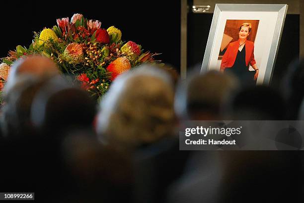 In this handout photo provided by Slattery Media, a photo of the late Jill Lindsey is seen during the service in celebration of the life of Jill...