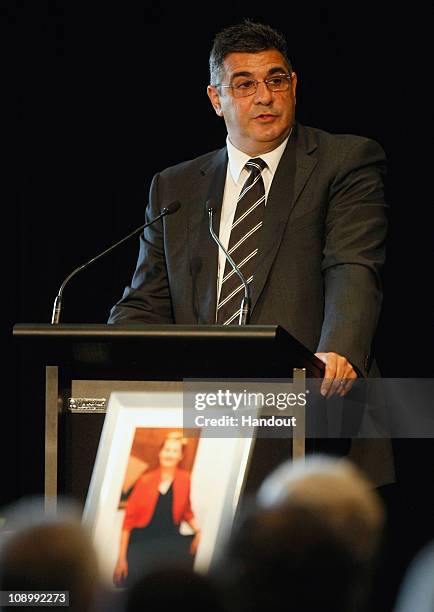 In this handout provided by Slattery Media, AFL CEO Andrew Demetriou speaks during the service in celebration of the life of Jill Lindsay held in the...