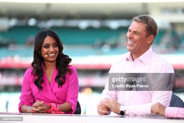 Fox Cricket presenters Isa Guha and Shane Warne during day three of the Fourth Test match in the series between Australia and India at Sydney Cricket...
