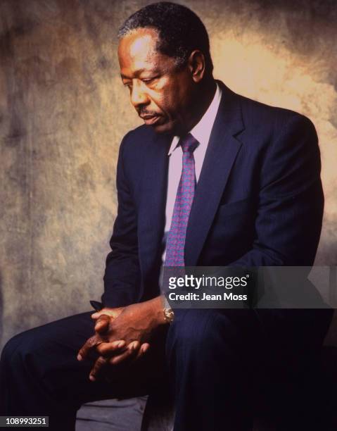 Black Athletes Round Table Discussion: Portrait of Hall of Famer and former MLB player Hank Aaron during photo shoot. Aaron is currently the senior...
