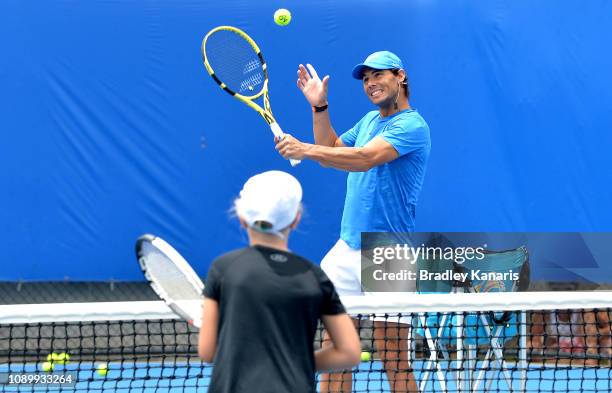 Rafael Nadal plays some tennis with young tennis players chosen for his Rafa Nadal Tennis Academy during day seven of the 2019 Brisbane International...