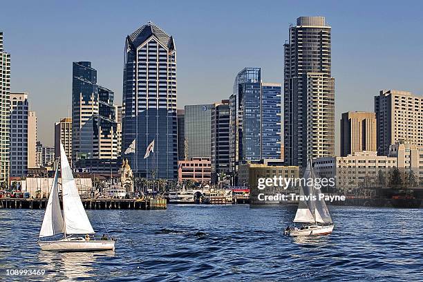 sail boats in san diego - san diego skyline stock-fotos und bilder