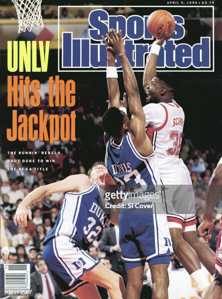 April 9, 1990 Sports Illustrated via Getty Images Cover:College Basketball: NCAA Final Four: UNLV Moses Scurry in action vs Duke Brian Davis and...