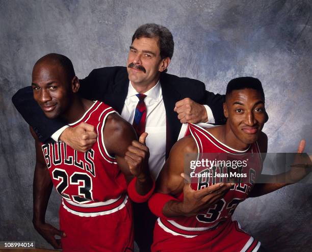 Season Preview: Closeup portrait of Chicago Bulls Phil Jackson hugging Michael Jordon and Scottie Pippen during photo shoot.Chicago, IL CREDIT: Jean...