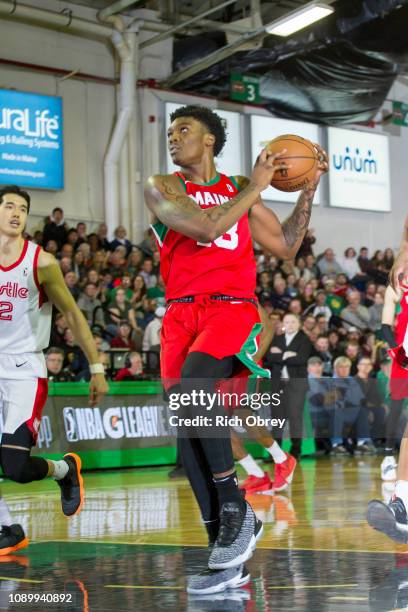 Robert Williams of the Maine Red Claws drives to the hoop on a fast break against the Memphis Hustle on Saturday, January 26, 2019 at the Portland...