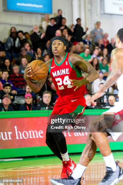 Robert Williams of the Maine Red Claws drives to the hoop on a fast break against the Memphis Hustle on Saturday, January 26, 2019 at the Portland...