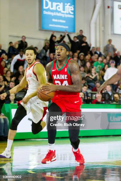 Archie Goodwin of the Maine Red Claws drives on a fast break against the Memphis Hustle on Saturday, January 26, 2019 at the Portland Expo in...