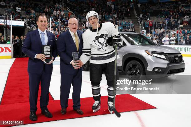 Sidney Crosby of the Pittsburgh Penguins poses after winning the MVP award during the 2019 Honda NHL All-Star Game at SAP Center on January 26, 2019...