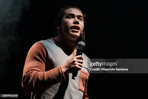 Jan 26: Comedian Whindersson Nunes performs live with his stand up Eita Casei on stage at Espaco das Americas on January 26, 2019 in Sao Paulo,...