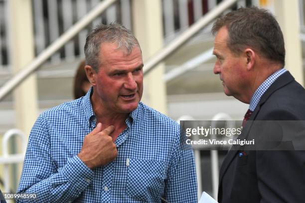 Trainer Darren Weir speaks to steward Robert Cram during Melbourne Racing at Caulfield Racecourse on January 05, 2019 in Melbourne, Australia.