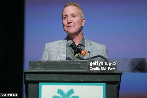 Geoff Kors speaks on stage at the Opening Night Screening of "All is True" at the 30th Annual Palm Springs International Film Festival on January 04,...