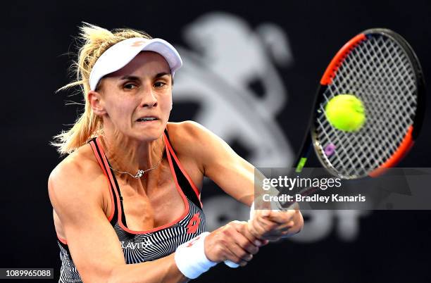 Lesia Tsurenko of Ukraine plays a backhand in her semi final match against Naomi Osaka of Japan during day seven of the 2019 Brisbane International...