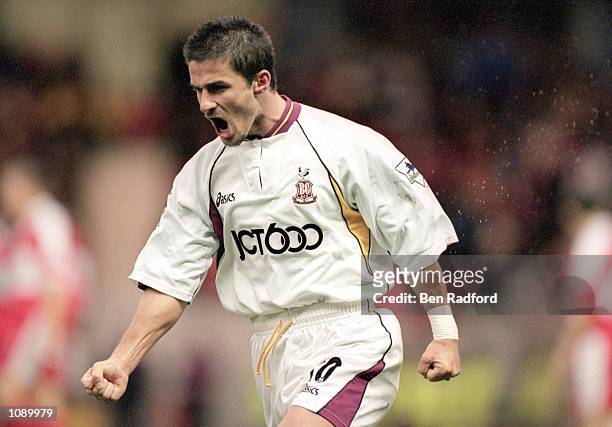 Benito Carbone of Bradford City celebrates scoring the second goal during the FA Carling Premiership match against Middlesbrough played at the...