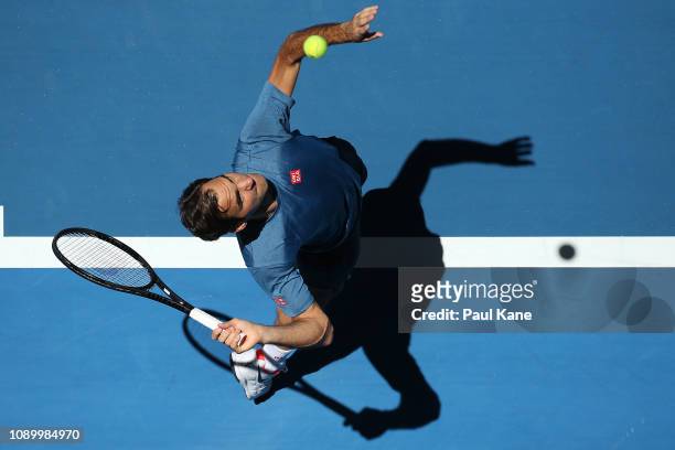 Roger Federer of Switzerland practices ahead of the final during day eight of the 2019 Hopman Cup at RAC Arena on January 05, 2019 in Perth,...