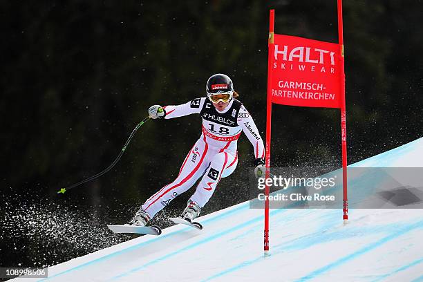 Elisabeth Goergl of Austria skis in the Women's Super Combined Downhill during the Alpine FIS Ski World Championships on the Kandahar course on...