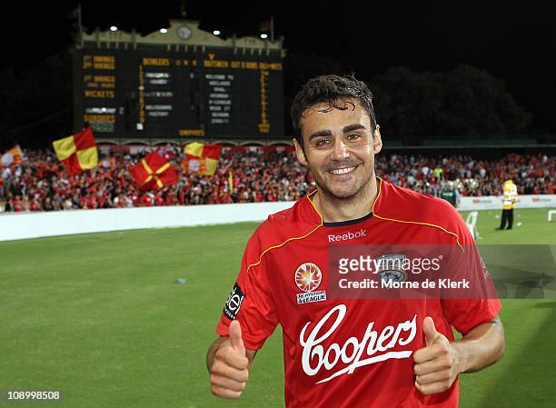 Travis Dodd pf Adelaide celebrates after the round 27 A-League match between Adelaide United and the Melbourne Victory at Adelaide Oval on February...