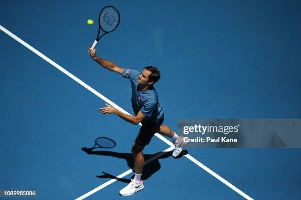 Roger Federer of Switzerland practices ahead of the final during day eight of the 2019 Hopman Cup at RAC Arena on January 05, 2019 in Perth,...