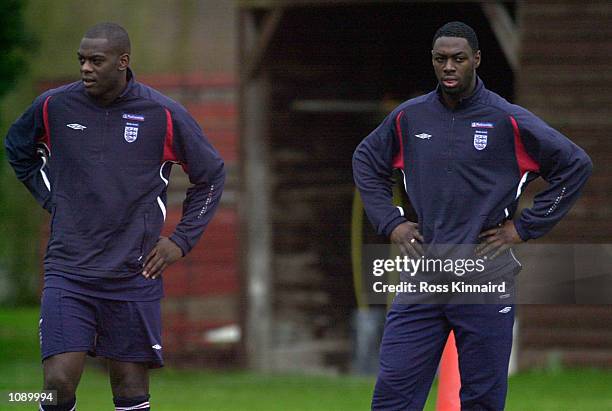 Michael Ricketts and Ledley King during the England squad's training session at Bisham Abbey. DIGITAL IMAGE Mandatory Credit: Ross Kinnaird/Getty...