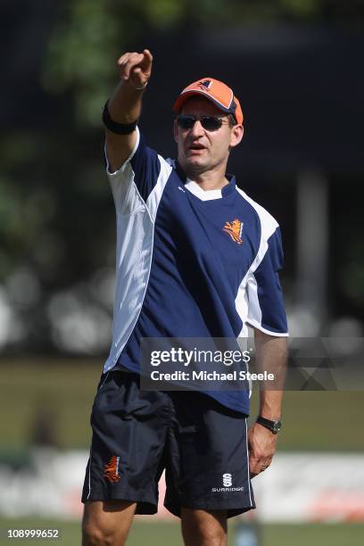 Peter Drinnen coach of the Netherlands during the Netherlands practise session at the Sinhalese Sports Club on February 11, 2011 in Colombo, Sri...