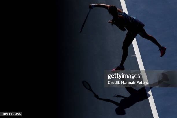 Viktoria Kuzmova of Slovakia serves during the semi final match against Julia Goerges of Germany on January 05, 2019 in Auckland, New Zealand.