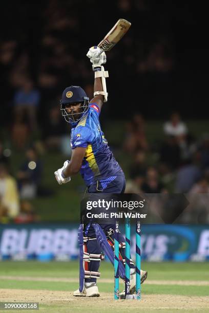 Thisara Perera of Sri Lanka bats during game two in the One Day International series between New Zealand and Sri Lanka at Bay Oval on January 05,...