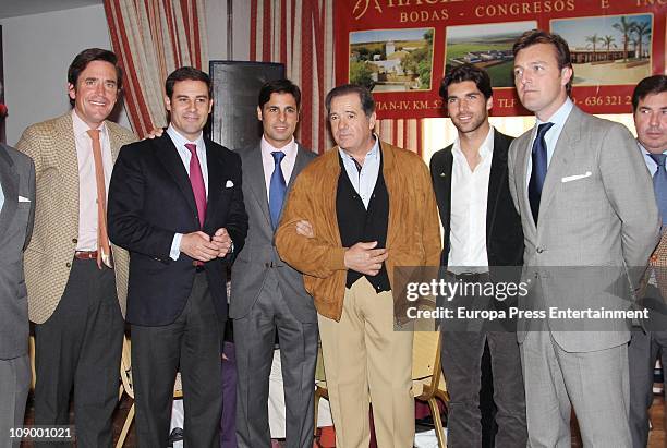 Davila Miura, Miguel Baez, Francisco Rivera, an unkonwn person, Cayetano Rivera Ordonez and Raul Gracia 'El Tato' attend the homage to bullfighter...