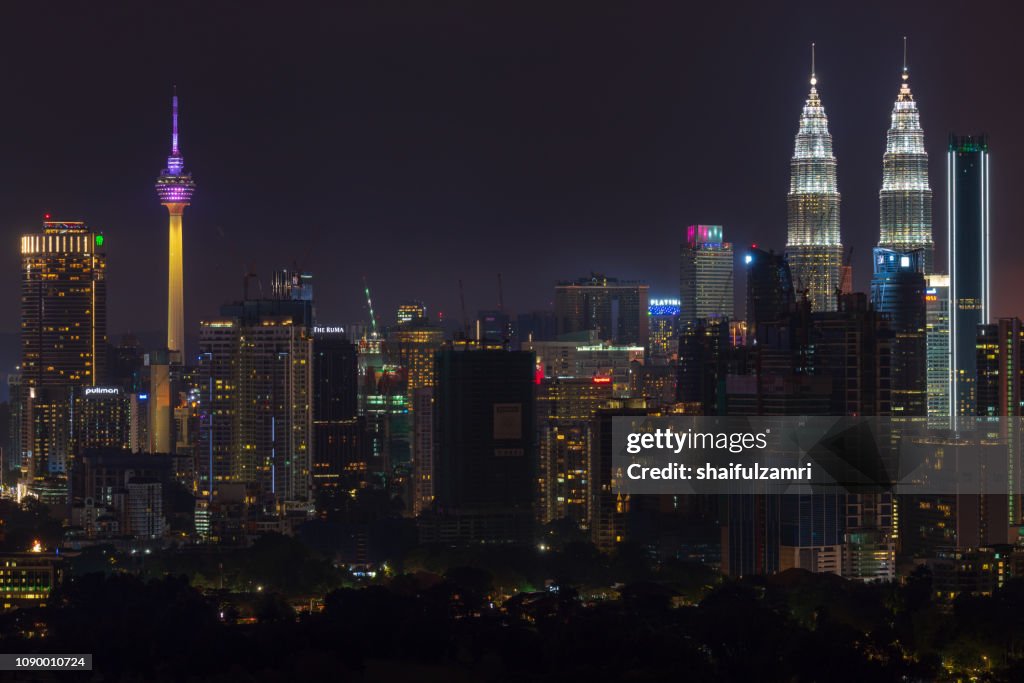 Night view of downtown Kuala Lumpur, Malaysia.