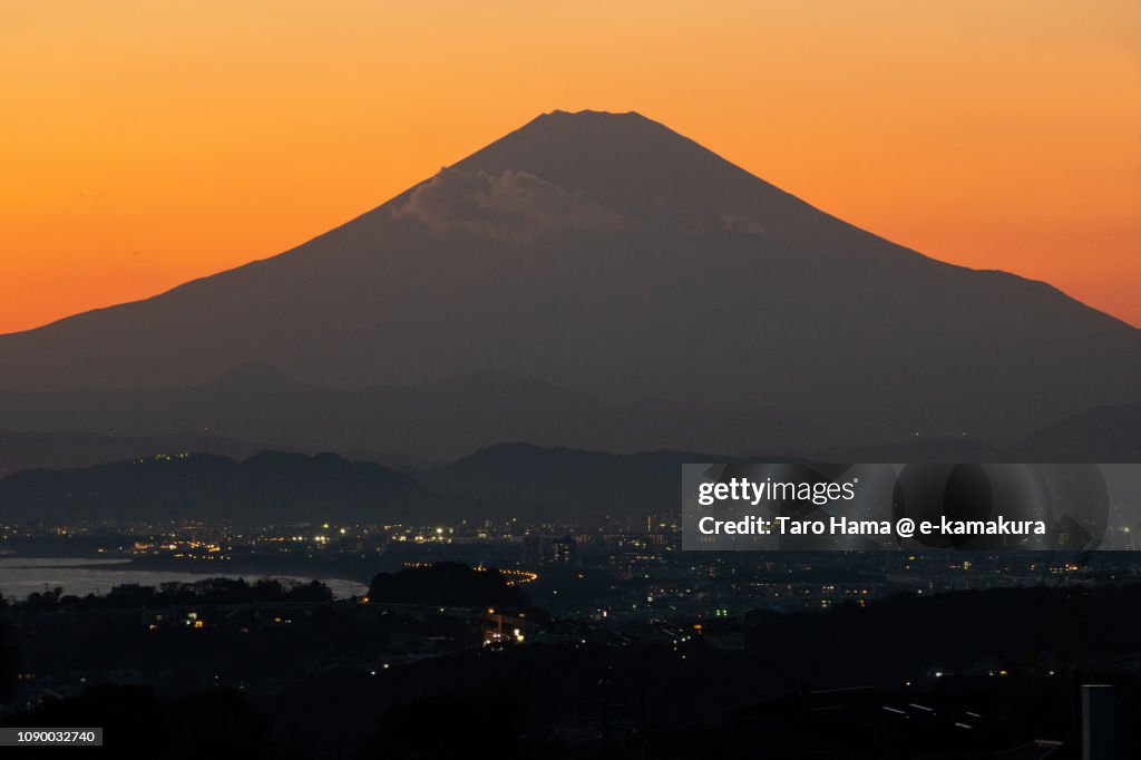 Mt. Fuji and Kamakura, Fujisawa, Chigasaki and Hiratsuka cities in Japan in the sunset