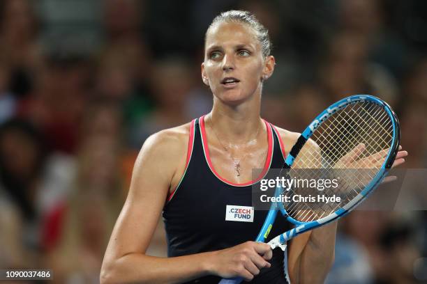 Karolina Pliskova of Czech Republic celebrates winning her semi final match against Donna Vekic of Croatia during the 2019 Brisbane International at...