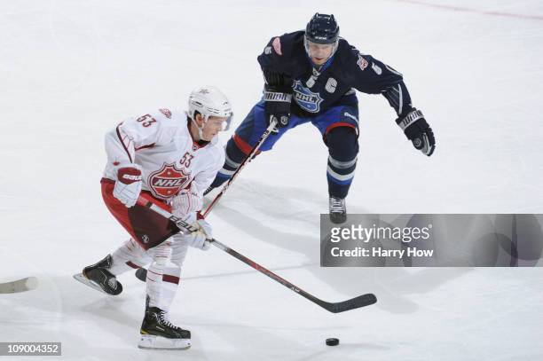 Nicklas Lidstrom of the Detroit Red Wings and Team Lidstrom plays against Jeff Skinner of the Carolina Hurricanes and Team Staal in the 58th NHL...