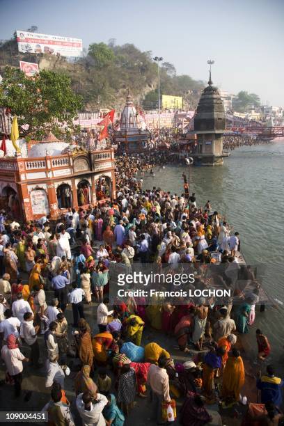 Hindu devotees take part in the Kumbh Mela Festival on April 13, 2010 in Haridwar, India. This is the world's largest religious festival, it is held...