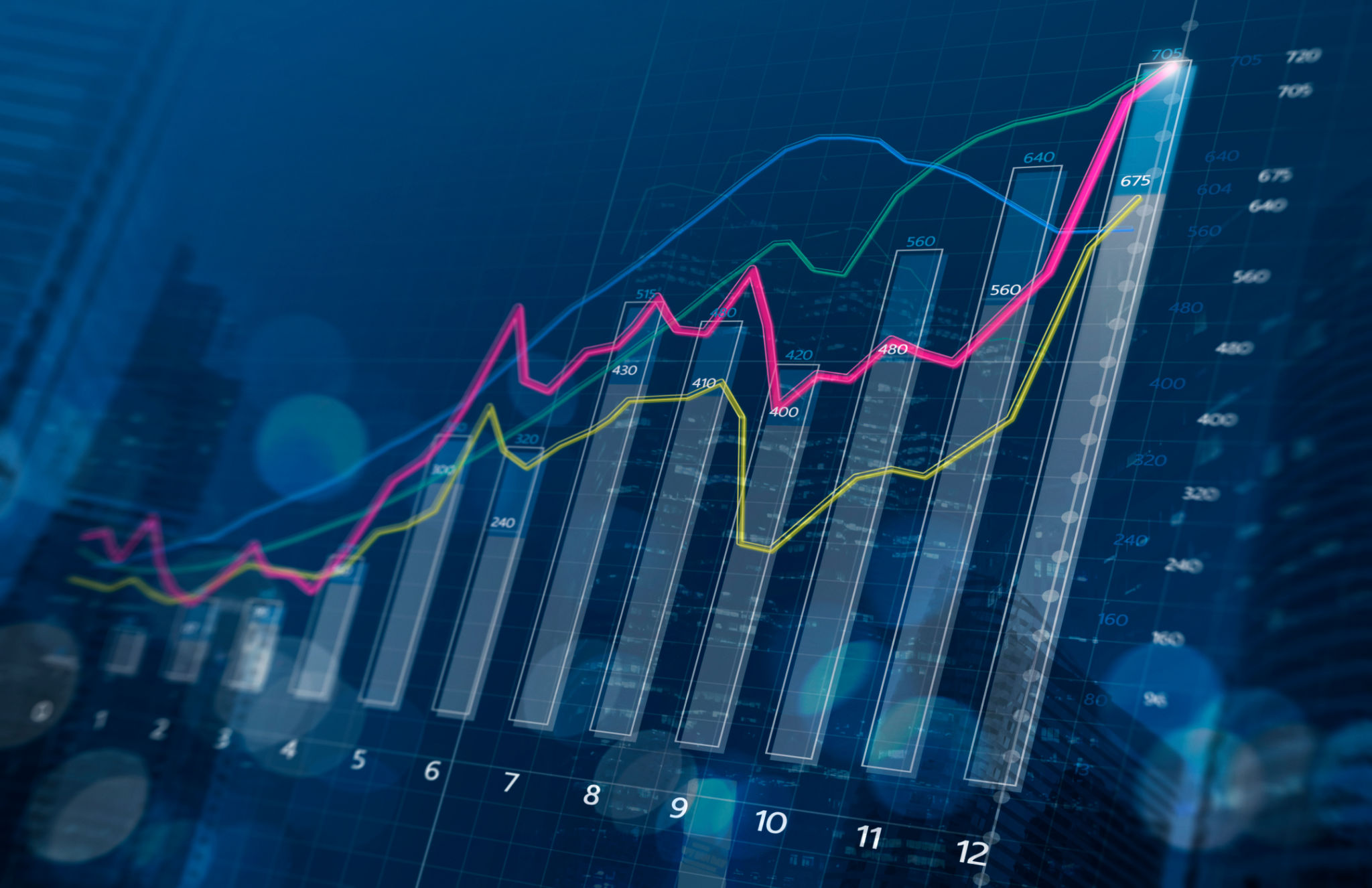 Business growth, progress or success concept. Financial bar chart and growing graphs with depth of field on dark blue background. Business growth, progress or success concept. Financial bar chart and growing graphs with depth of field on dark blue background.