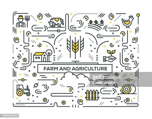 ilustraciones, imágenes clip art, dibujos animados e iconos de stock de diseño de granja y patrón de los iconos de la línea de agricultura - aldea