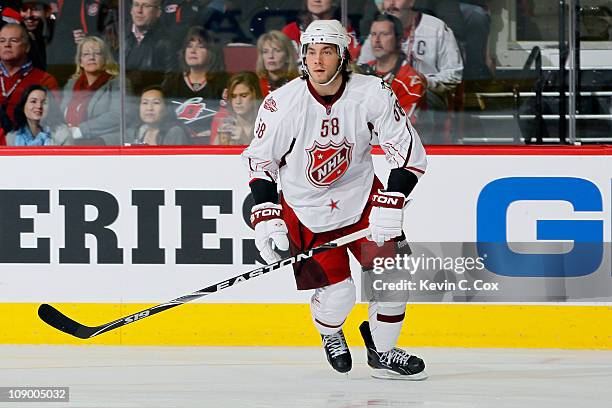 Kris Letang of the Pittsburgh Penguins and Team Staal skates against Team Lidstrom in the 58th NHL All-Star Game at RBC Center on January 30, 2011 in...