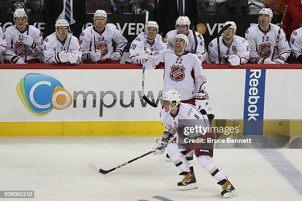 Alexander Ovechkin of the Washington Capitals and Dan Boyle of the San Jose Sharks and Team Staal react against Team Lidstrom in the 58th NHL...