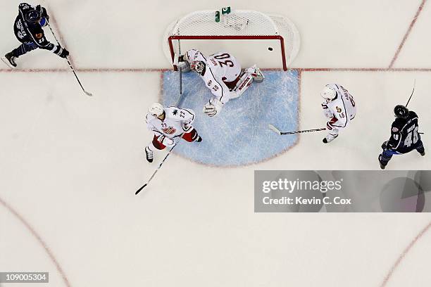 Cam Ward of the Carolina Hurricanes and Team Staal fails to block a shot by Team Lidstrom in the 58th NHL All-Star Game at RBC Center on January 30,...